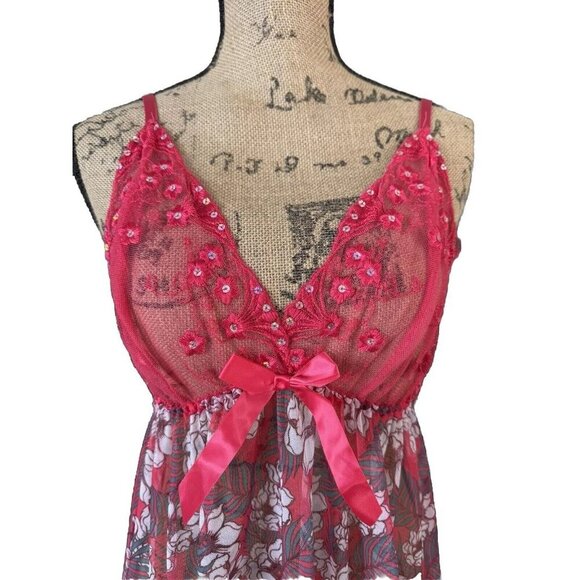 Red Lace Sheer Mesh Floral Slip Dress Chemise Babydoll Dress Gown LARGE Feminine - Picture 5 of 7